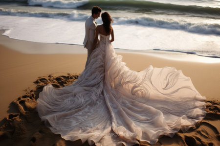 Romantic Moments Unfold: Bride and Groom Embrace on Serene Sand Beach --ar 3:2の素材