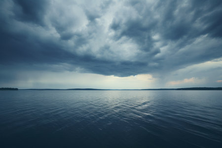 Serene Reflections: A Captivating Body of Water beneath Moody Gray Cloudsの素材