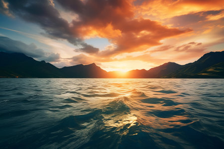 Mountain Silhouette: Tranquil Sunset Reflections on the Serene Watersの素材