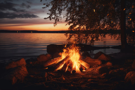 Serene Evening Reflections: Bonfire by the Waterの素材