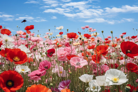 A Breathtaking Tapestry: A Serene  Blue, White, and Red Poppy Flower Field Captured in AR 3:2の素材