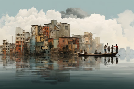 Contrasting Perspectives: Boat Rowing on a Vibrant Body of Water with Majestic Urban Skyscrapers asの素材