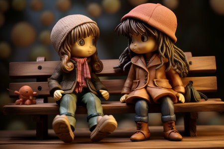 Toy Story: The Playful Encounter of a Boy and Girl on a Benchの素材