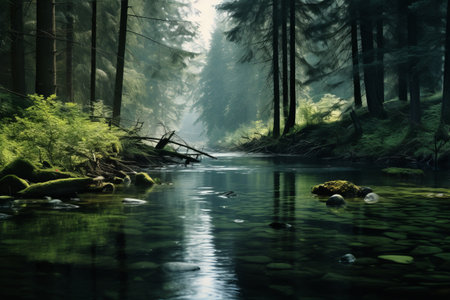 Enchanting Reflections: Serene 3:2 Body of Water Amidst Forestの素材