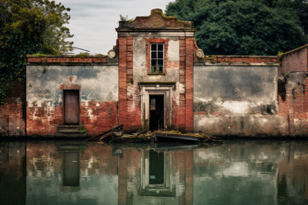 Decaying Bricked Building Reflecting in Serene Body of Water -ar 3:2の素材