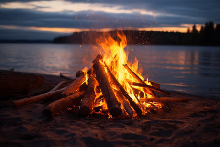 Enchanting Waterside Bonfire: Captivating Synergy at 3:2 Aspect Ratioの素材