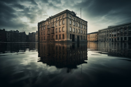 Architectural Harmony: Exploring the Serenity of a Body of Water Near a Building (AR 3:2)の素材