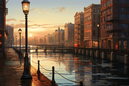 Urban Serenity: A Captivating Daytime Landscape Graced by Bridges, Lampposts, Water, and Towering Stの素材