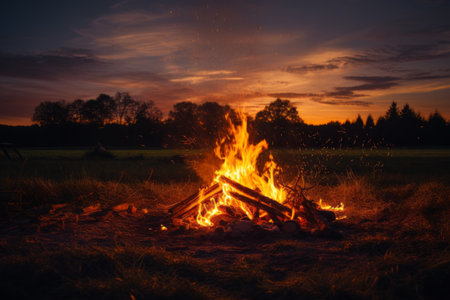 Dawn's Enchanting Bonfire: Embracing Nature's Beauty Near the Grass Fieldの素材