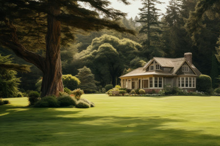 Harmonious Blend of Earth Tones: The Enchanting Brown and Beige Painted House Amidst Lush Trees andの素材