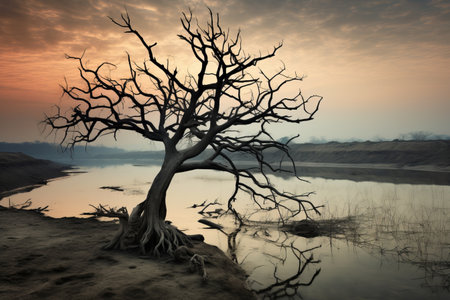 A Surreal Capture: The Enigmatic Branches of a Leafless Tree Merging with the River's Flow - AR 3:2の素材