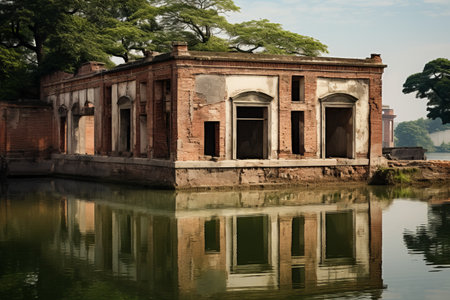 Desolate Shoreline: A Bricked Building Near the Reflective Body of Waterの素材
