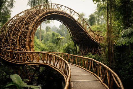 Nature's Rustic Path: Captivating Brown Bamboo Bridge Amongst Treesの素材