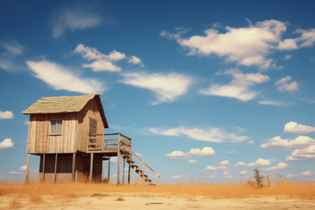 Serene Summer Retreat: Charming Brown and Beige Wooden House Amidst a Clear Blue Skyの素材