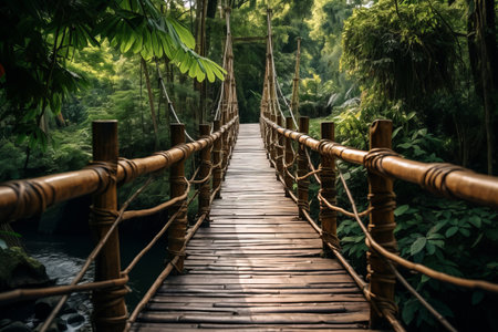Nature's Hidden Path: Discovering the Serenity of the Brown Bamboo Bridge Near Treesの素材
