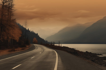 Serenity by the Shimmering Lake: Exploring a Brown Asphalt Roadの素材