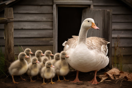 The Curious Brood: A Goose Family Beside the Enchanting Brown House -- AR 3:2の素材