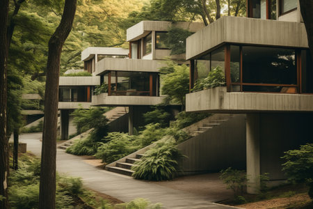 Harmonious Blend: The Serene Coexistence of Brown and White Concrete Houses Amidst Verdant Green Treの素材