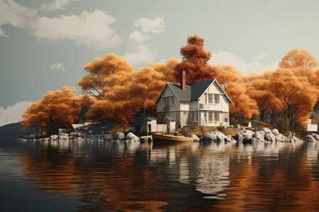 Serene Waterside Retreat: A Brown and White House Blissfully Nestled by the Waterの素材