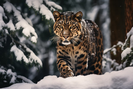 Rare Encounter: Majestic Brown and Black Leopard Roaming the Snow Covered Forest --ar 3:2の素材