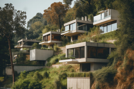 Harmonious Blend: Serene Brown and White Concrete Houses Nestled Amidst Lush Green Trees - AR 3:2の素材