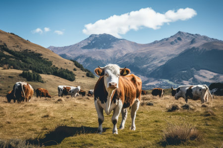 Majestic Brown and White Cattle Grazing in Idyllic Green Pasture Against the Serene White Skies withの素材
