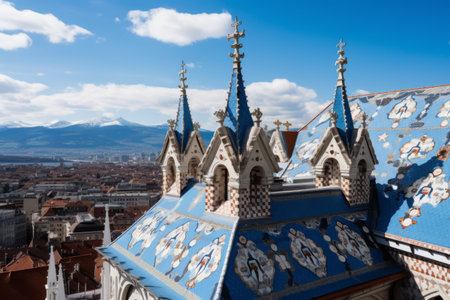 Vibrant Vistas: A Majestic Cathedral Roof, Cityscape, and Mountain Underneath an Azure Sky!の素材
