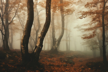 Mystical Forest Veiled in Fog: Exploring Brown and Green Leaved Treesの素材