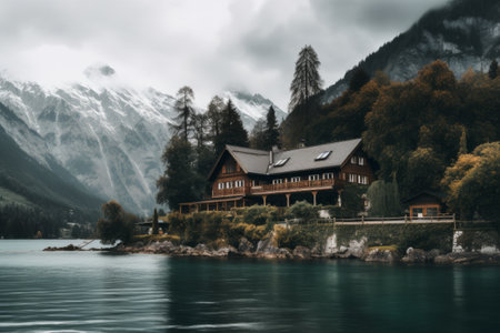 Serenity at the Brown and White House: Embracing Nature's Beauty Near the Majestic Water and Mountaiの素材