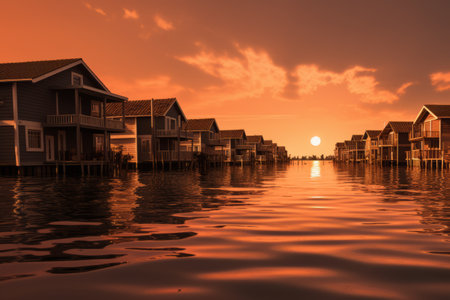 A Serene Sunset Scene: Brown and White Wooden Houses Gracefully Reflecting on the Body of Waterの素材
