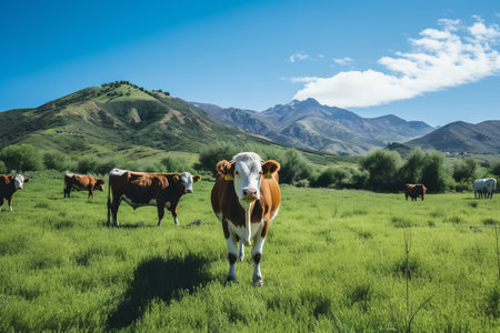 Serenity Amidst Nature: Majestic Brown and White Cattle Grazing in a Green Open Field Against a Backの素材