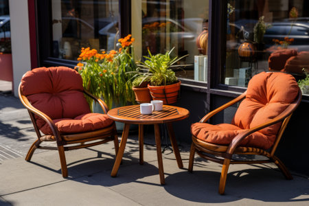 Sipping Coffee in Style: A Charming Brown and Orange 3-Piece Patio Set Enhances Outdoor Ambiance atの素材