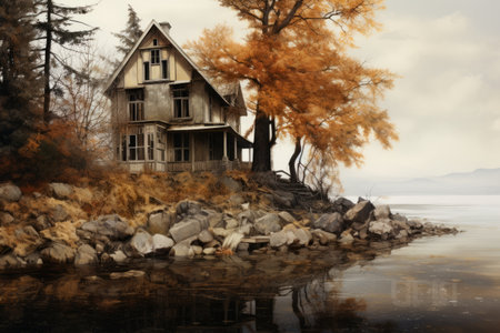 Idyllic Waterside Retreat: The Charming Brown and White House by the Shoreの素材