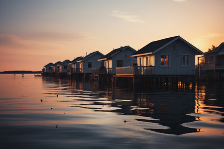 Enchanting Sunset Reflections: Rustic Brown and White Wooden Houses on Glistening Watersの素材