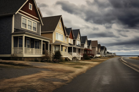 Serenity Amidst a Palette of Brown, White, and Gray Houses by the Roadの素材