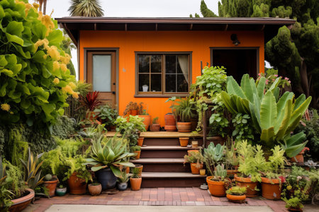 Naturally Vibrant: Exploring a Brown and Orange House Adorned with Lush Outdoor Plants --ar 3:2の素材