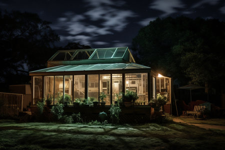 Majestic Nighttime Scene: A Brown and Green House Amidst a Clear Starry Skyの素材