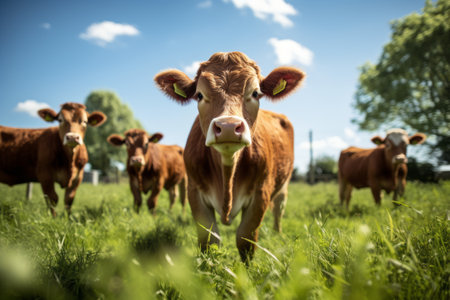 A Picturesque Scene: Brown Cattle Grazing on the Vibrant Green Lawn Grassの素材