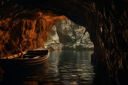 Breathtaking Scene: Brown Boat Making its Way Towards the Tunnel Across Tranquil Body of Waterの素材
