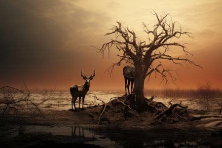 Majestic Brown Deer Against a Withered Tree: A Captivating Wildlife Encounterの素材