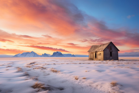 Winter Wonderland: A Brown House Enveloped by a Snowy Field, Adjacent to an Orange, Blue, and Yellowの素材