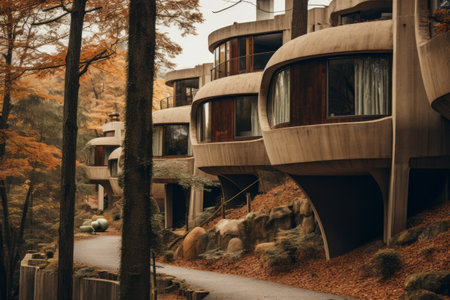 Enchanting Brown Concrete Houses Nestled Amidst Lush Trees --ar 3:2の素材