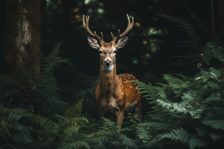 Breathtaking Encounter: A Majestic Brown Deer Amidst a Lush Green Plantの素材