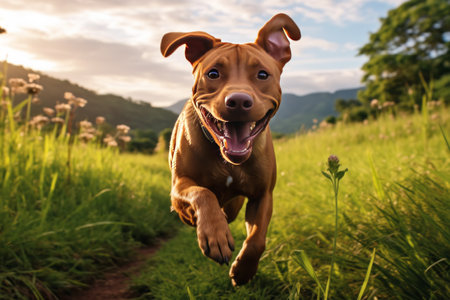 Freedom Unleashed: Majestic Brown Dog Racing across a Lush Grassy Fieldの素材