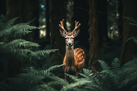 Natural Harmony: Majestic Brown Deer Amongst Vibrant Green Foliageの素材