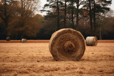 Natural Beauties: Capturing the Grace of a Brown Hay Roll Amidst Towering Trees -- 3:2 Aspect Ratioの素材