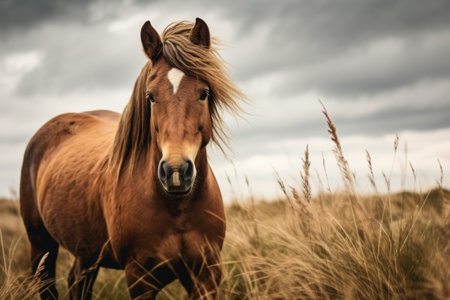A Majestic Brown Horse Gracefully Gallops Across a Lush Grass Fieldの素材