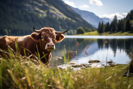 Tranquil Scene: Majestic Brown Cow Grazing Peacefully by the Lakesideの素材