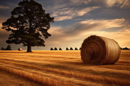Nature's Warm Embrace: A 3:2 Perspective on a Gentle Brown Hay Roll Amidst Treesの素材