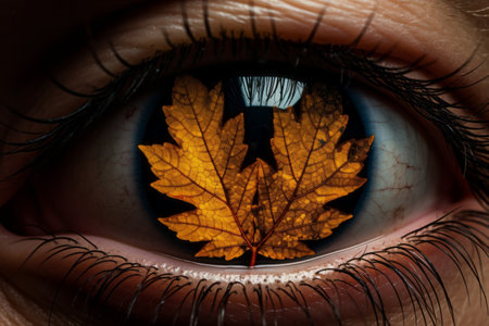 Captivating Interplay: The Enigma of a Brown Maple Leaf Reflecting a Bewitching Gaze--ar 3:2の素材